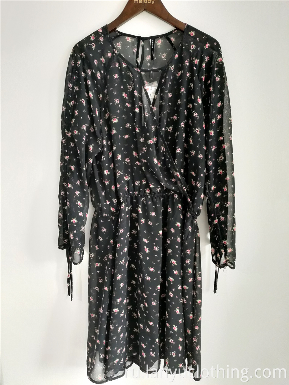 Women's Black Floral Chiffon Dress With Long Sleeves